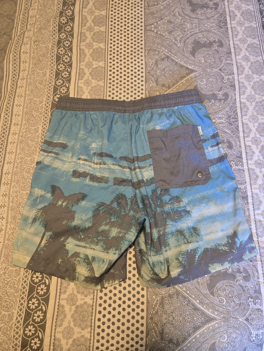 Men's Anchor Print Navy and Blue Palm Tree Board Swim Shorts - Size Medium